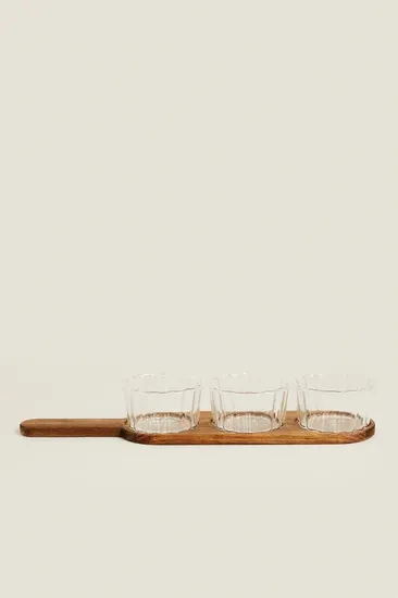 Paddle Shape Acacia Wood DIP Tray with 3 PCS Glass Serving Bowls Set for Sale