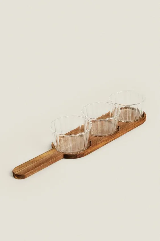 Paddle Shape Acacia Wood DIP Tray with 3 PCS Glass Serving Bowls Set for Sale
