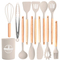 Heat Resistant Turner Tongs Spatula Spoon Brush Whisk Silicone Cooking Utensils Kitchen Utensil Set with Wooden Handle
