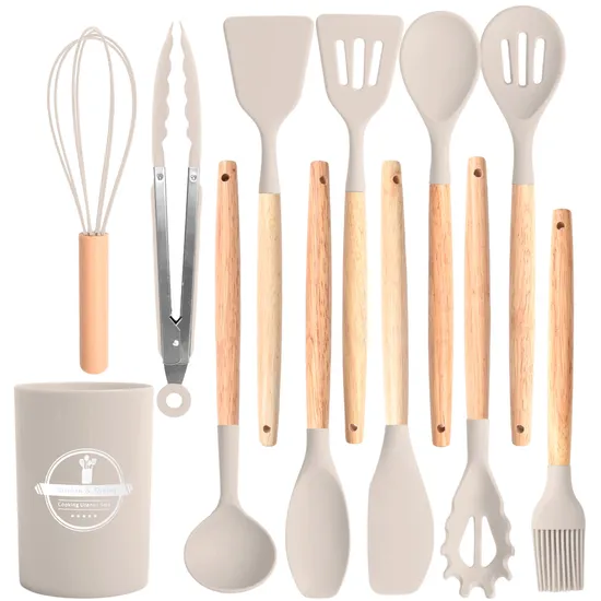 Heat Resistant Turner Tongs Spatula Spoon Brush Whisk Silicone Cooking Utensils Kitchen Utensil Set with Wooden Handle