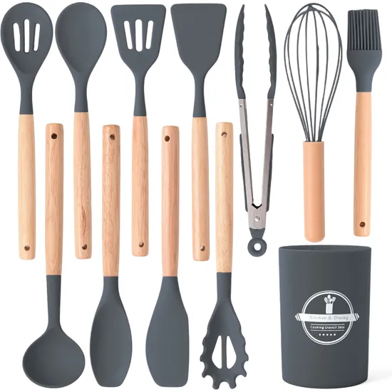 Wholesale 12-Piece Set Silicone Kitchenware Spatula Spoon with Wooden Handles for Cooking