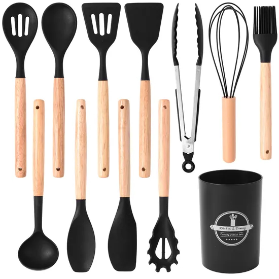 12- PCS Set Silicone Kitchen Accessories Cooking Tools Kitchen Utensils with Wooden Handles