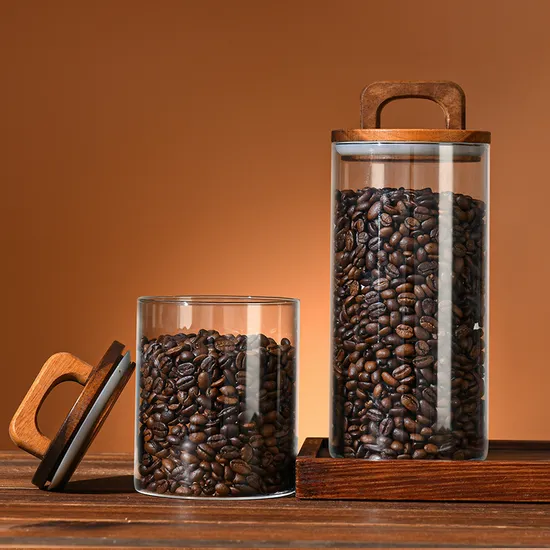 Functional Glass Food Containers Coffee Beans Storage Bottles with Acacia Wood Lid