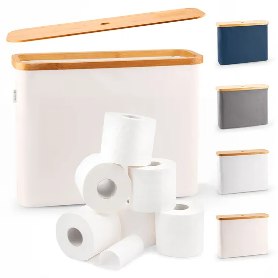 Elegant Beige Color Toilet Paper Storage for 12 Rolls with Bamboo Lid