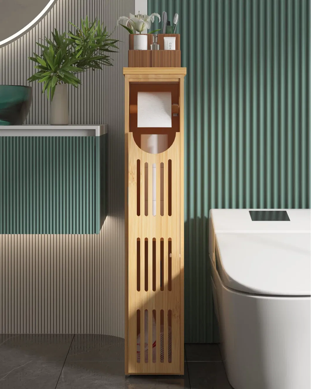 Bamboo Toilet Paper Shelf, Bathroom Organizer, Toilet Paper Holder Stand