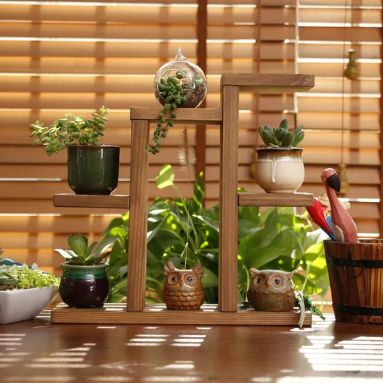 Multi-Tier Wooden Desktop Small Flower Stand Office Balcony Bay Succulents Rack Flower Pot Plant Shelf
