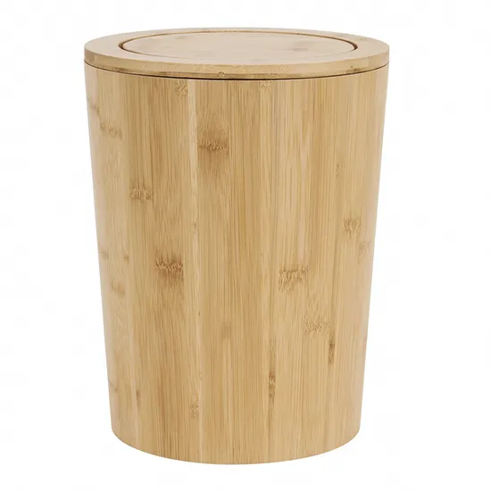 Round Bamboo Waste Basket with Lid for Living Room and Bathroom