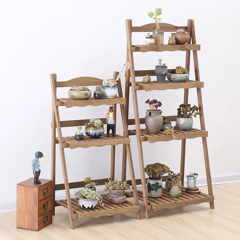 Folding Four-Layer Multi-Function Flower Rack Wooden Plant Stand Display Shelf for Garden