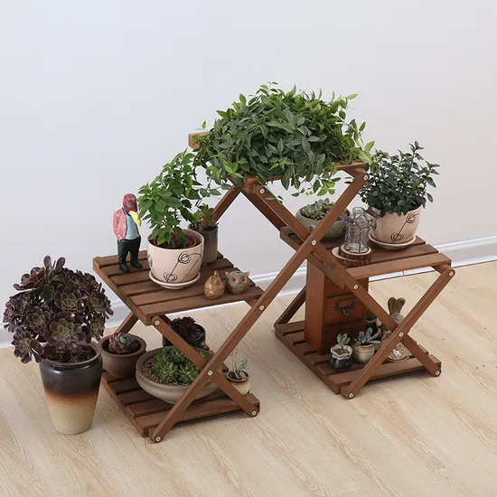 Movable and Fodable Triangular Wood Flower Shelf Plant Display Stand Outdoor Indoor