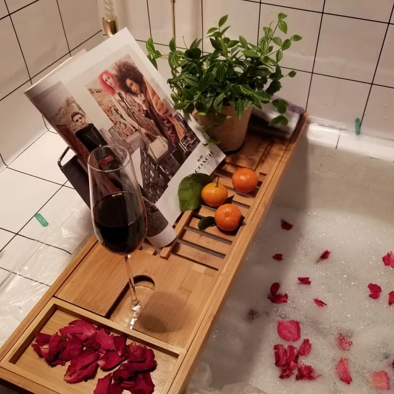 Retractable Multifunctional Non-Slip Bamboo Bathroom Shelf Bathtub Shelf with Red Wine Stand
