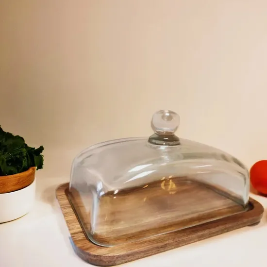 Rectangle Small Acacia Wooden Cake Stand with Glass Dome for Home Use