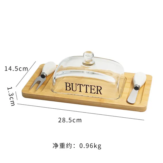 Reusable Bamboo Butter Base Butter Storage Dish with Glass Lid and Cutter