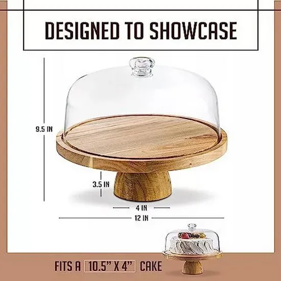 Rustic Double Use Round Acacia Wooden Bowl Cake Stand with Glass Dome