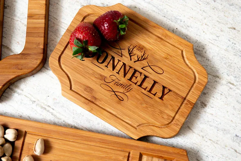Organic Personalized Bamboo Serving Tray Charcuterie Board with Wine Glass