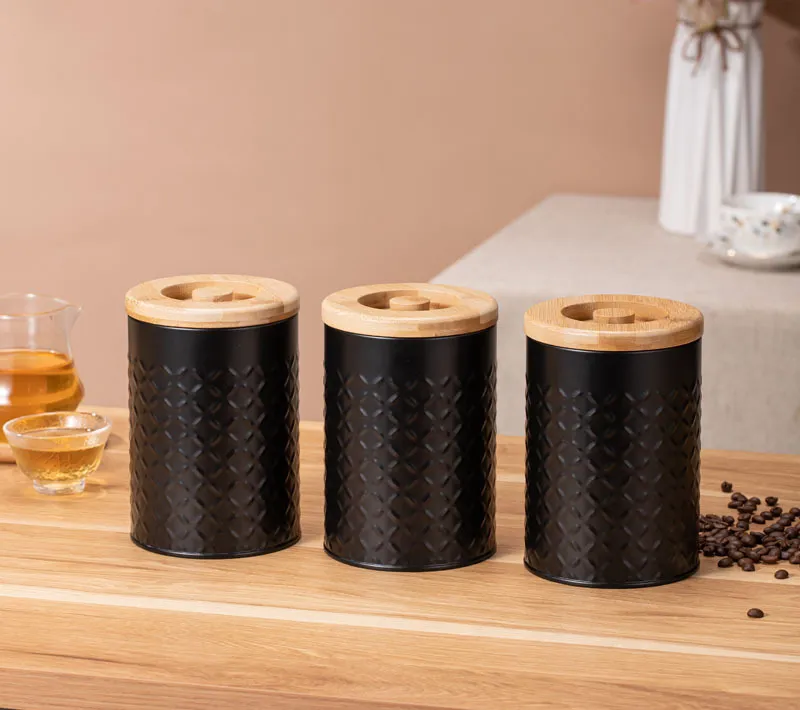Black Metal Canisters Sets for Coffee Tea Sugar Storage