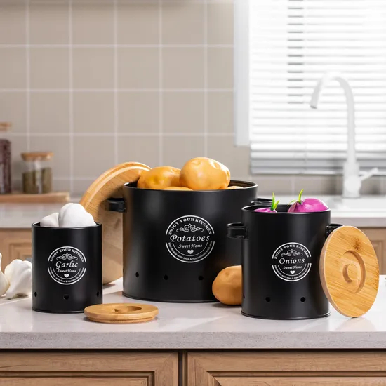 Bamboo Lid Round Metal Food Canister Set Storage Container Set with Handle
