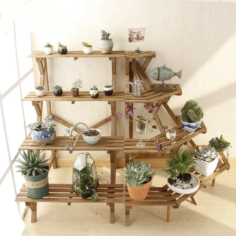 4-Layer Ladder Style Wooden Flower Rack Flower Shelf for Garden and Living Room