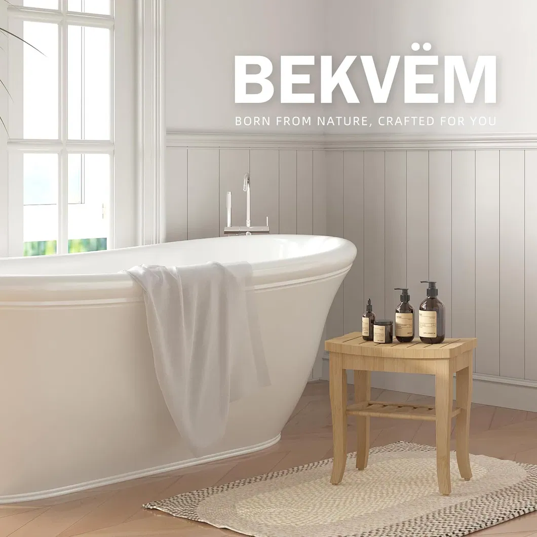 Bamboo Shower Stool Shower Bench with 2-Tier Storage Shelf for Bathroom