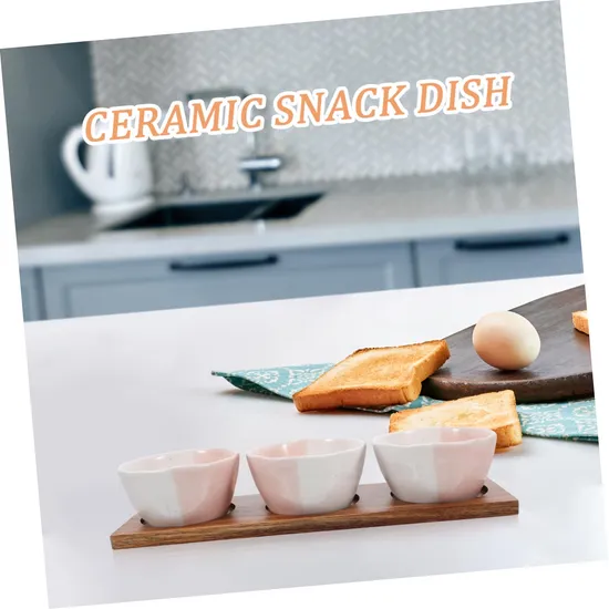Stylish Ceramic Snack Serving Bowl Set with Wooden Tray for Fruit, Snacks & Desserts