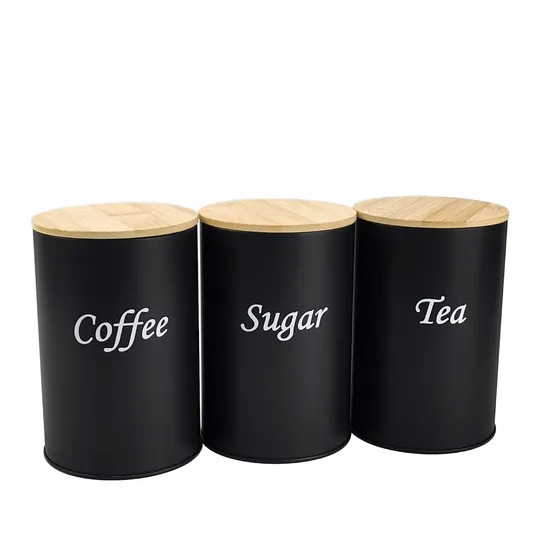 Set of 3 Round Metal Tea Coffee Sugar Canisters Set with Bamboo Lid