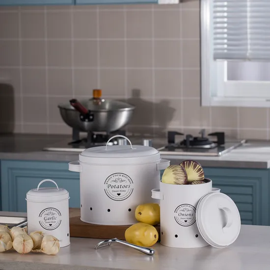 Wholesale White Vintage Metal Potato Onion Kitchen Storage Canisters Set of 3