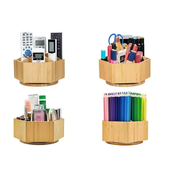 Rotating Bamboo Desk Organizer Art Supply Caddy Holds Marker Pen Brush Storage Box for Office School