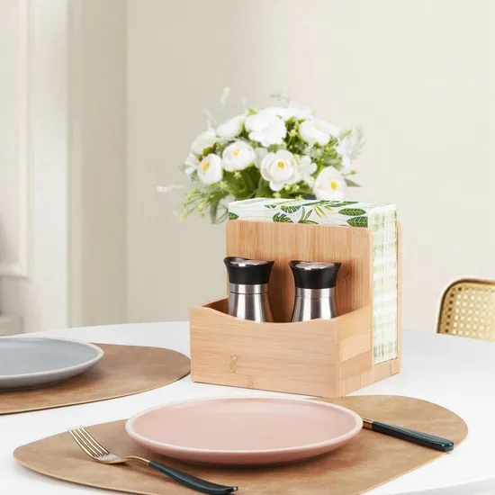 Bamboo Salt Pepper Napkin Holder Set for Kitchen Dining Table