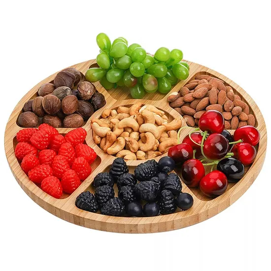 Bamboo Nuts Storage Platter Tray Snacks Plates with 5 Dining Grids