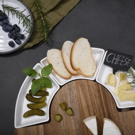 Fujian Factory Supply Round Acacia Cheese Board with Removable Bowls and Knives