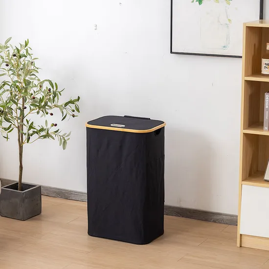 Large Bamboo Circle Fabric Laundry Basket with Lid and Removable Laundry Bags