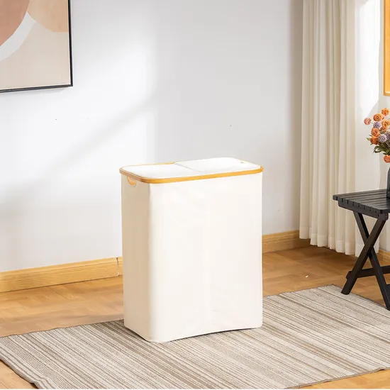 Double - Opening Bamboo Fabric Laundry Basket with Large Capacity and Dual Compartments