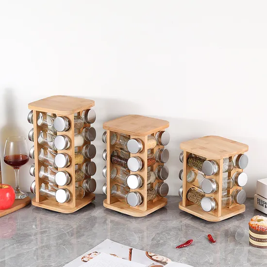 12-Jar Rotating Bamboo Spice Rack for Herbs & Seasonings