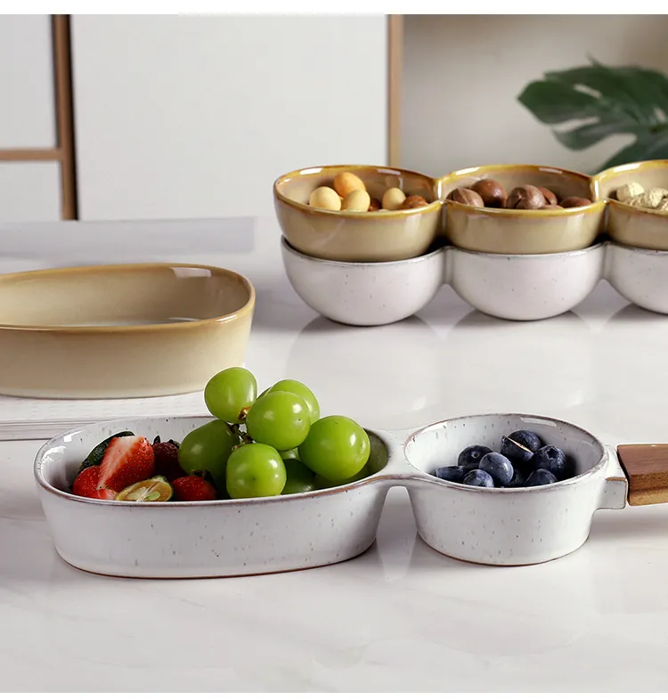 Wooden Handle Ceramic Snack Bowl Divider Ceramic Serving Dish Salad Container Plate