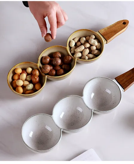 European-Style Creative Ceramic Dried Fruit Plate and Snack Plate with Wooden - Handle