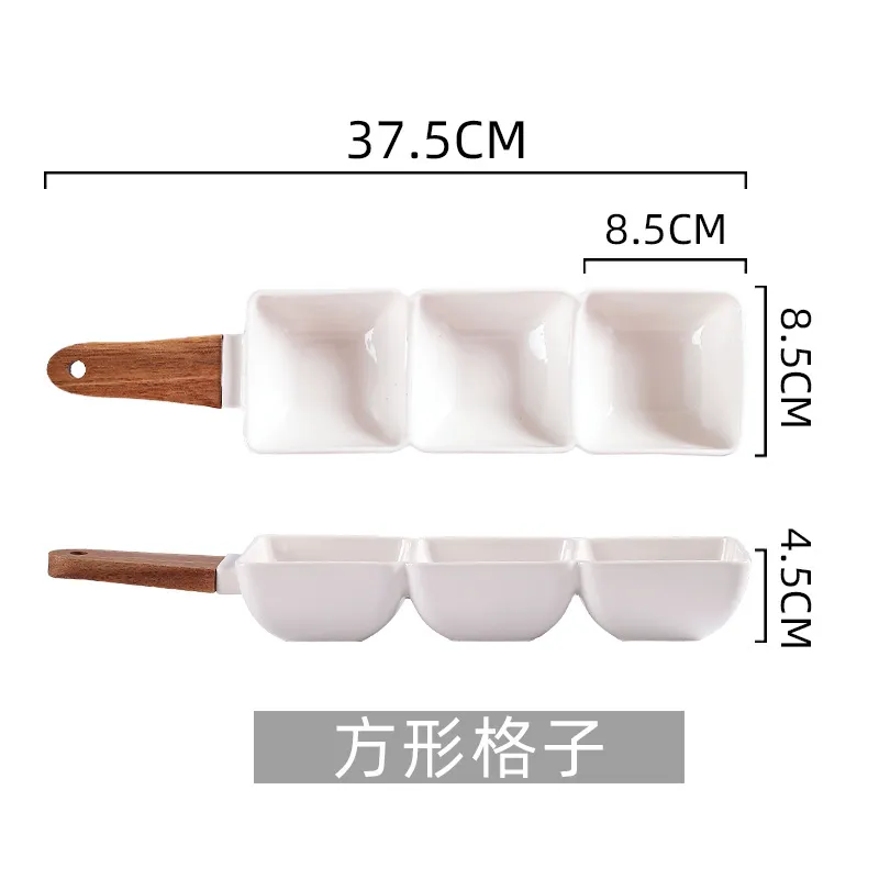 Wooden-Handled Three-Section Ceramic Bowl for Nuts, Veggies, Fruits, and Candy Serving