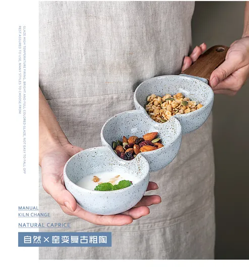 Elegant 3-Piece Ceramic Bowl Set with Wooden Handles for Snacks