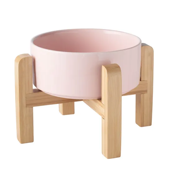 Neck-Protecting Ceramic Dog and Cat Food Bowl with Bamboo Rack