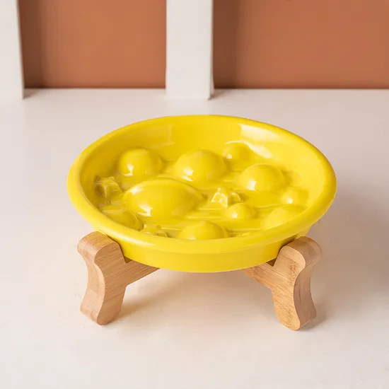 Anti - Choking and Slow - Feeding Ceramic Pet Food Plates Cat Dog Food Bowl with Bamboo Stand