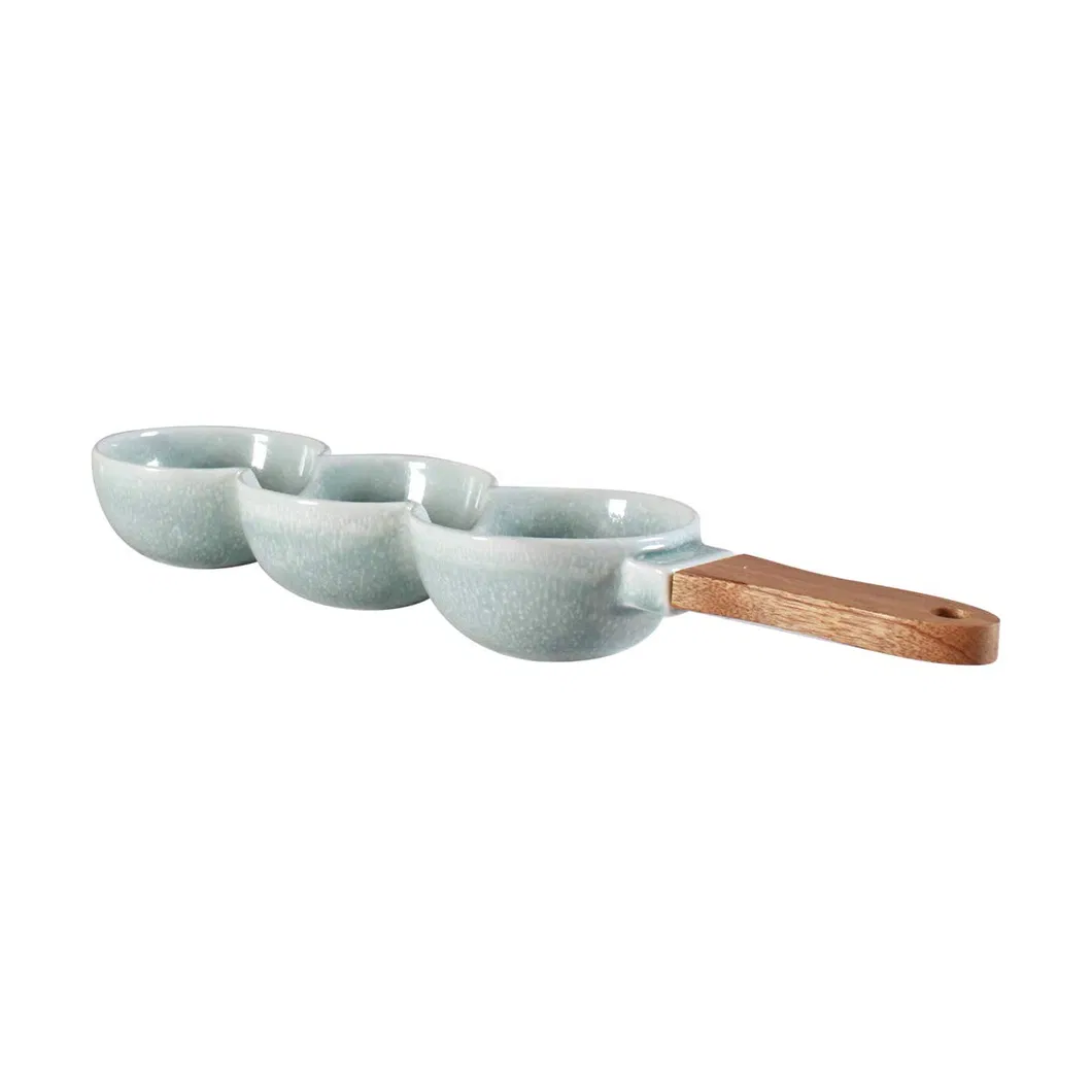 3 Part Serving Bowl with Timber Handle for Dips, Condiments, Relish, Mezze, Snacks, Nuts and Olives