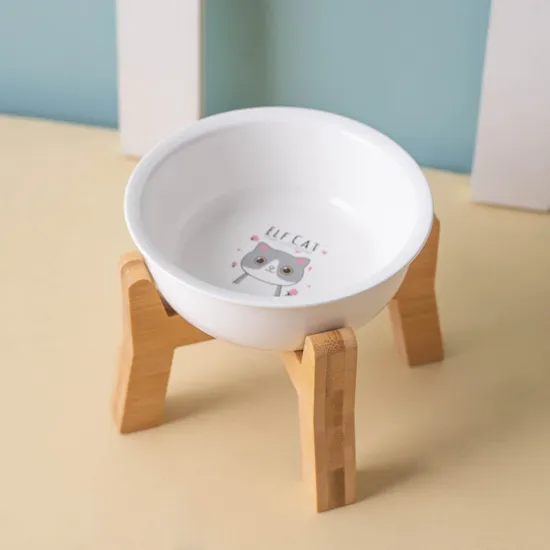 Nordic - Style Pet Ceramic Snack Food Bowl with Wooden High - Foot for Dog and Cat