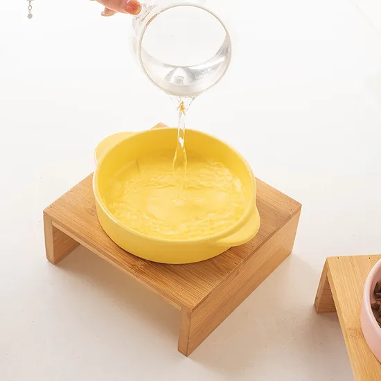 Wholesale Non Spill Double - Ear Ceramic Pet Bowl Dog and Cat Feeding Bowl with Bamboo Stand
