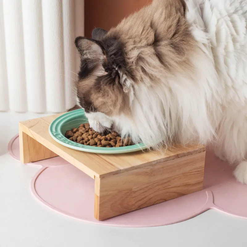 Ceramic Pet Bowl Dog Cat Food Water Bowl / Plate with Bamboo Wooden Stand