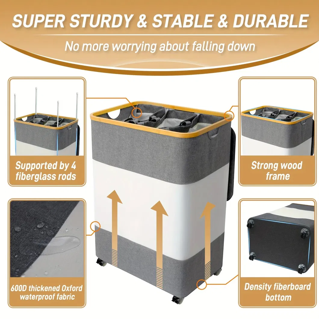 Large Capacity Black and White Spliced Foldable Bamboo Fabric Laundry Basket with Cover and Wheels