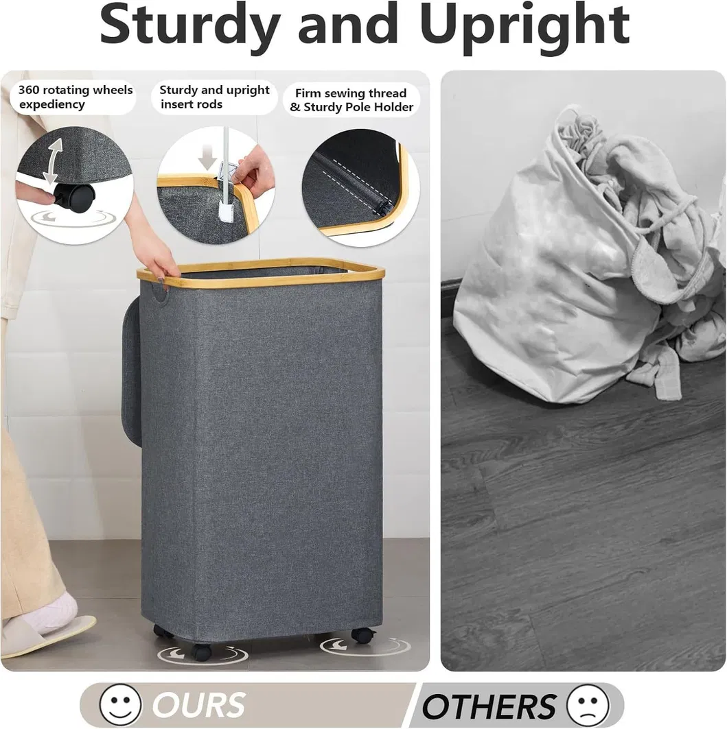 Foldable and Wheeled Bamboo Cloth Laundry Basket with Cover and Inner Bag