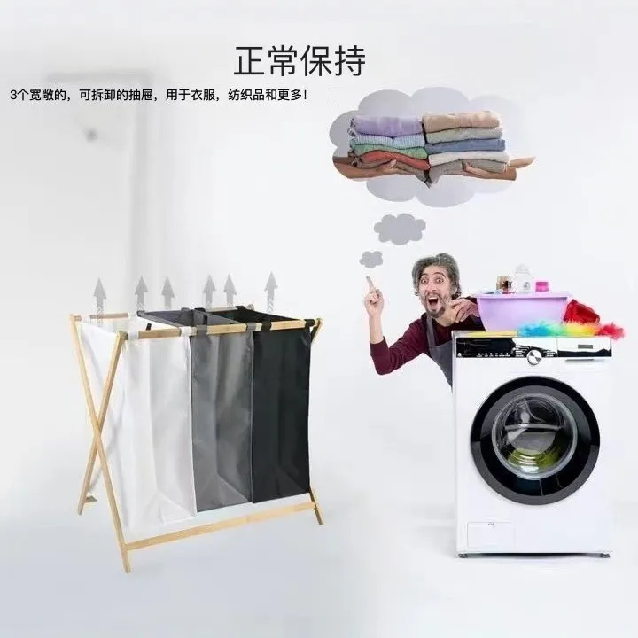 Waterproof Foldable Three - Compartment Fabric Laundry Baskets Sundries Baskets with Bamboo Shelf