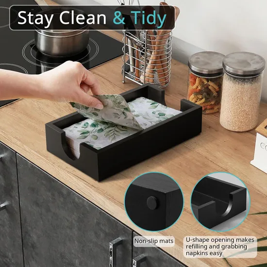 Black Rectangle Bamboo Napkin Holder Paper Towel Dispenser