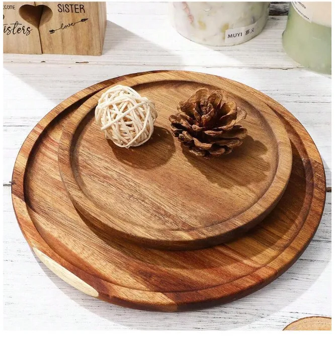 Round Acacia Wooden Nuts Fruit Snack Appetizer Serving Tray Plate