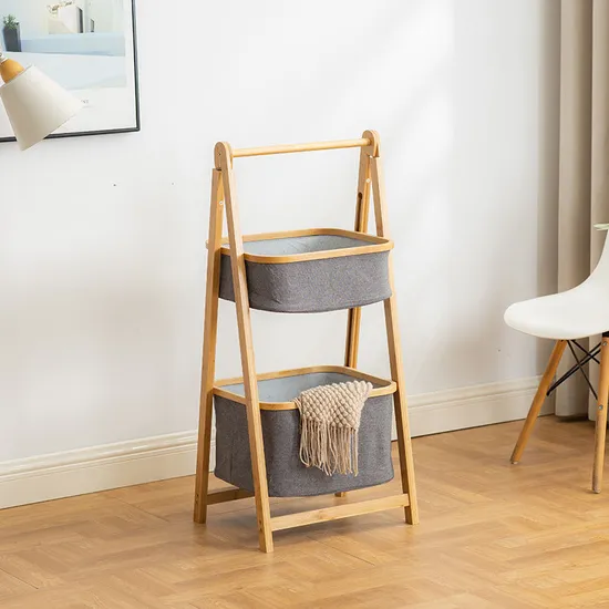 Large-Capacity a-Shaped Double-Layer Bamboo Fabric Storage Shelf Laundry Basket for Bathroom