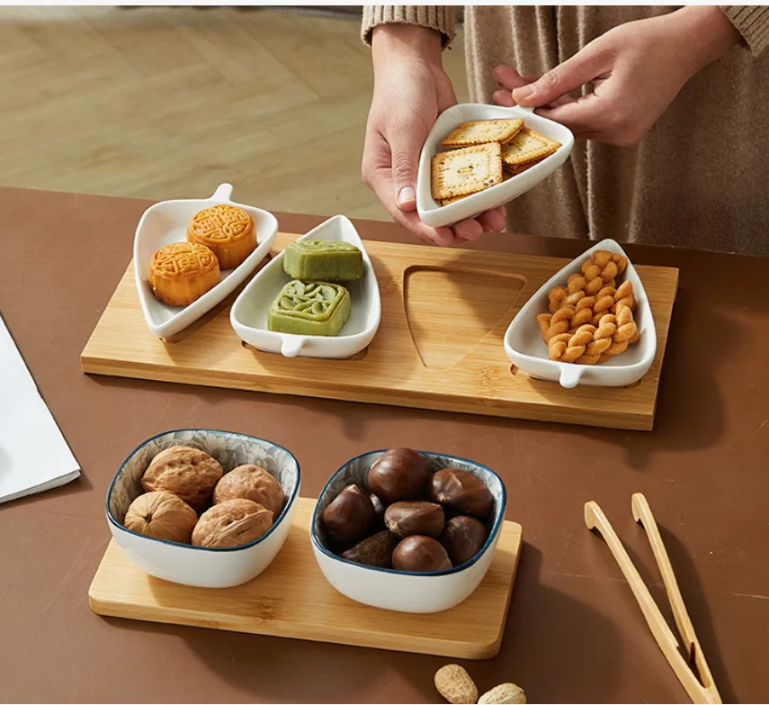 4 PCS Ceramic Appetizer Dipping Bowls with Bamboo Tray