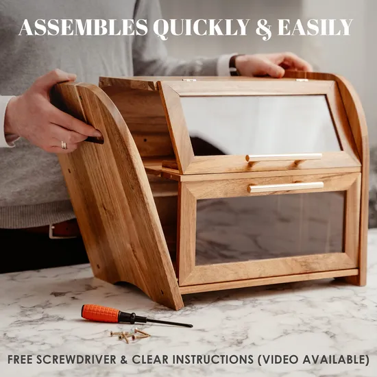Large Double Acacia Wooden Bread Box Container Storage for Kitchen